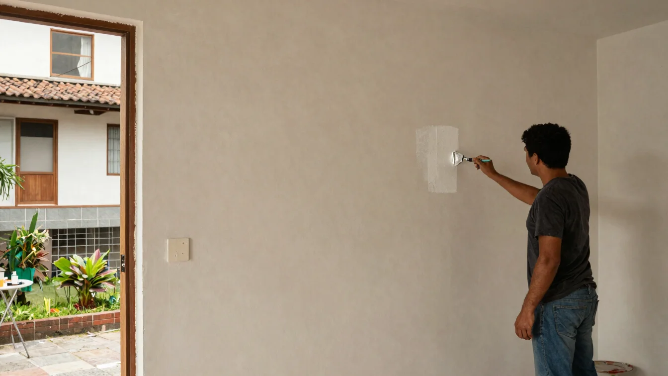 Manos aplicando pintura en una pared interior de vivienda en Bogo